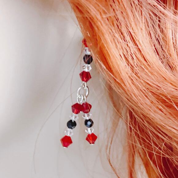 VTG Artisan Sterling Filled Swarovski Red Black Crystal Dangle Earrings Handmade - Picture 6 of 16
